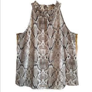 Ruffle neck blouse, Small, snakeskin print with yellow stripe and open shoulder